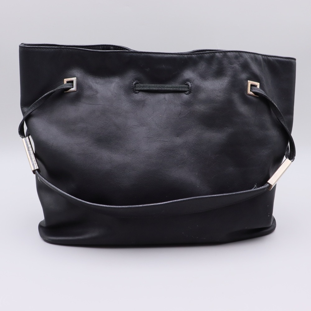 Bally Black Leather Shoulder Bag Tote Silver Hardware Drawstring Detail Italy